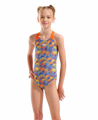 Arena Girls Draft V Back Swimsuit - Blue/Orange | Allens Of Kingsbury