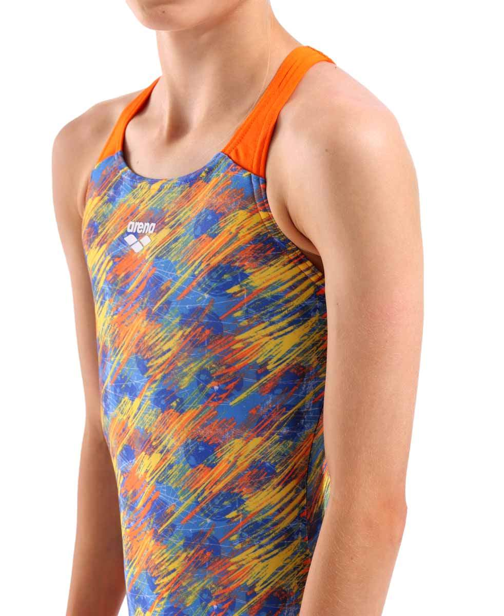 Arena Girls Draft V Back Swimsuit - Blue/Orange | Allens Of Kingsbury