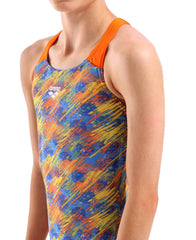 Arena Girls Draft V Back Swimsuit - Blue/Orange | Allens Of Kingsbury