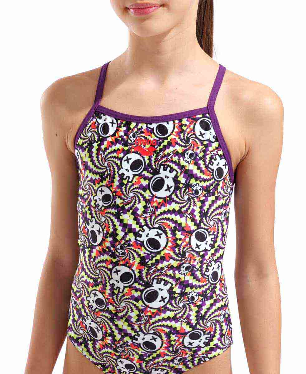 Arena Girls Fun Skulls Lightdrop Back Swimsuit - Multi Black/Plum | Allens Of Kingsbury