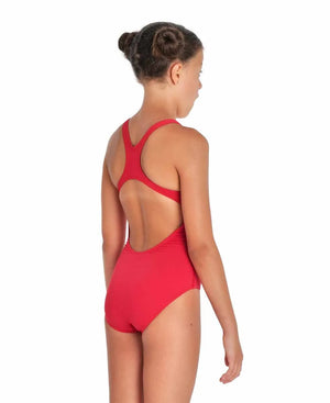 Arena girls' solid team swim pro swimsuit in red and white, featuring a sleek design and comfortable fit for young swimmers.