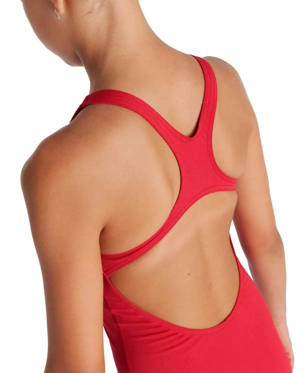 Arena girls' solid team swim pro swimsuit in red and white, featuring a sleek design and comfortable fit for competitive swimming.
