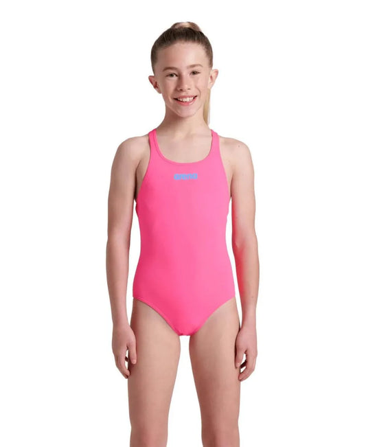 Arena girls' solid Team Swim Pro swimsuit in shocking pink and blue river, featuring a sleek, comfortable design for young swimmers. 982