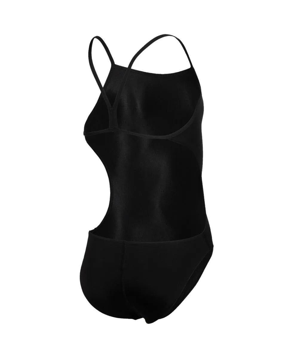 Arena girls' Team Challenge solid swimsuit in black, featuring a sleek design for swimming and training.