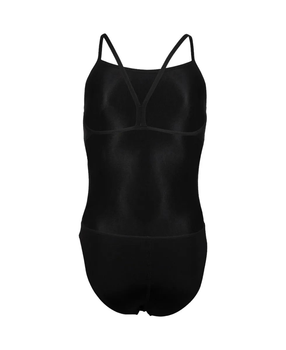 Black Arena Girls Team Challenge solid swimsuit, features a sleek design with the Arena logo, perfect for swimming and practice.