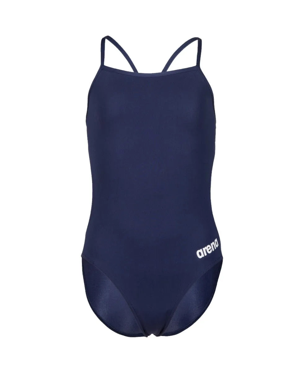 Arena girls' Team Challenge solid navy swimsuit, featuring a sleek design and comfortable fit for young swimmers.