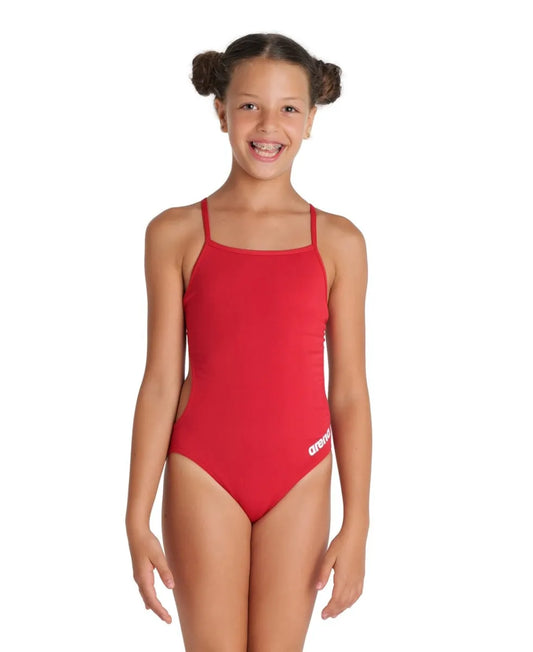 Red Arena Girls Team Challenge solid swimsuit, sporty one-piece design ideal for swimming and training. 981