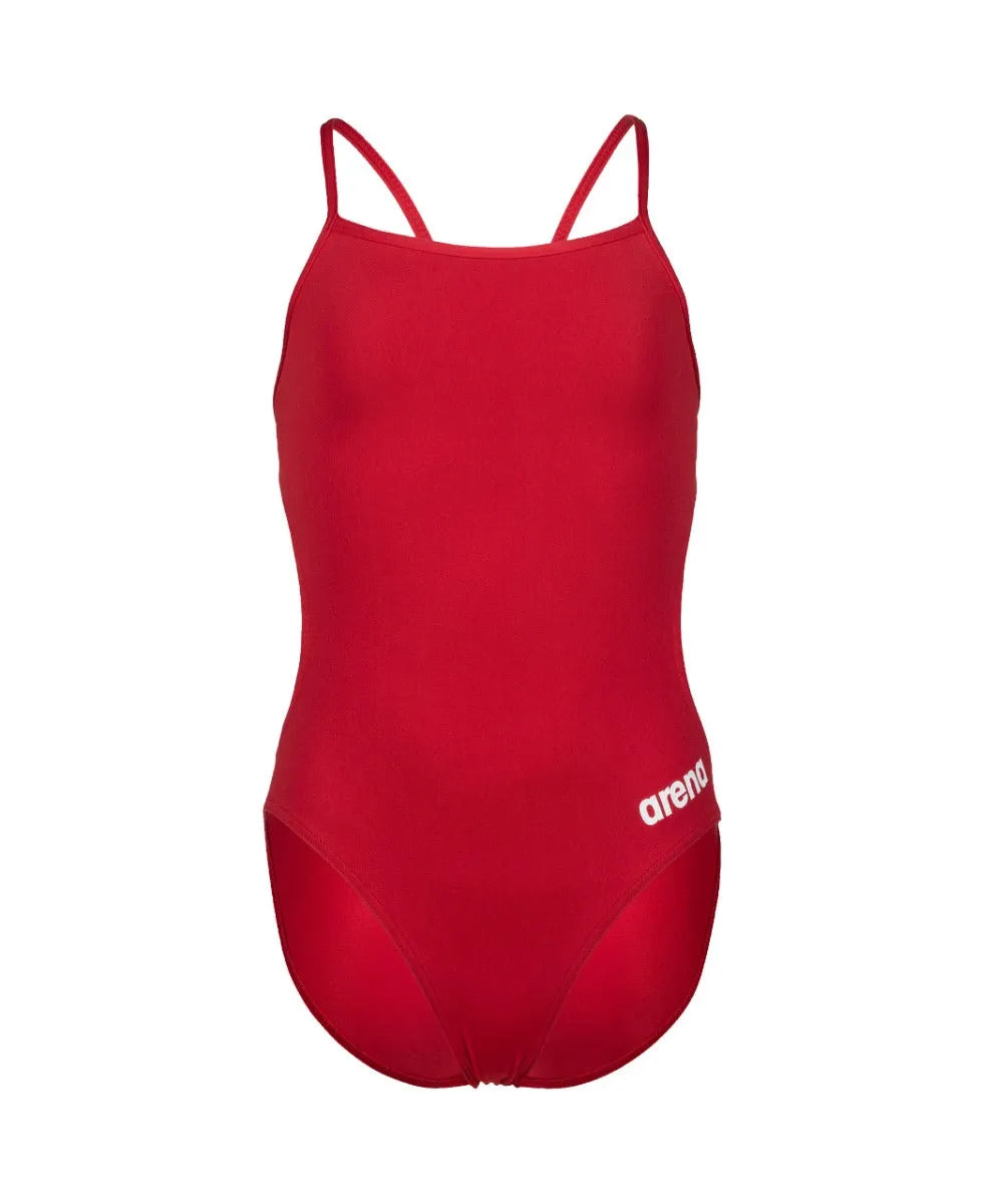 Red Arena girls' Team Challenge solid swimsuit, colorful and comfortable for swimming and water activities.