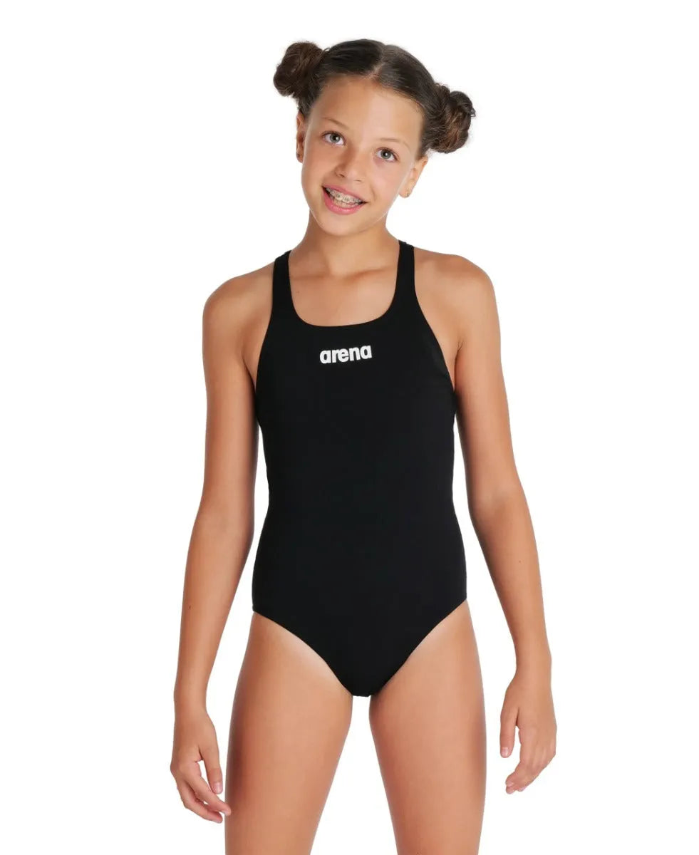 Black Arena Girls Team Swim Pro solid swimsuit with sleek design, perfect for competitive swimming and training.