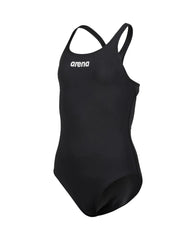 Black Arena Girls Team Swim Pro solid swimsuit displayed on a young girl, featuring a sleek, athletic design suitable for swim practice.