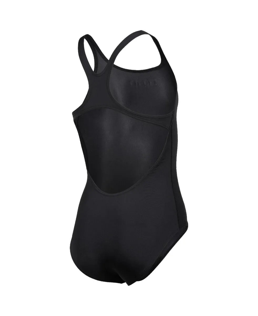 Black Arena girls' Team Swim Pro solid swimsuit with sleek design, ideal for young swimmers and competitive training.