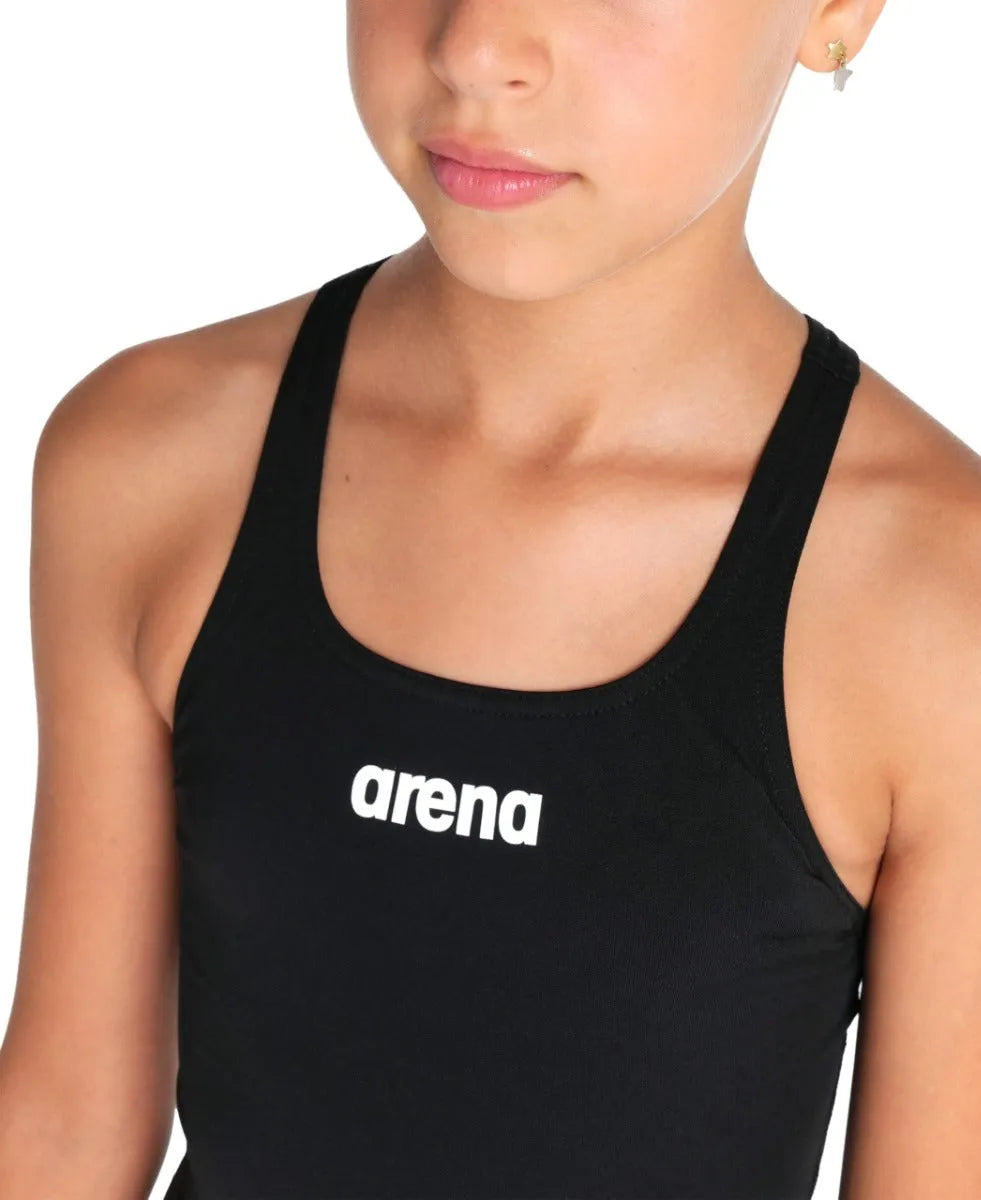 Black Arena Girls Team Swim Pro solid swimsuit featuring a sleek design, perfect for young swimmers' training and competitions.