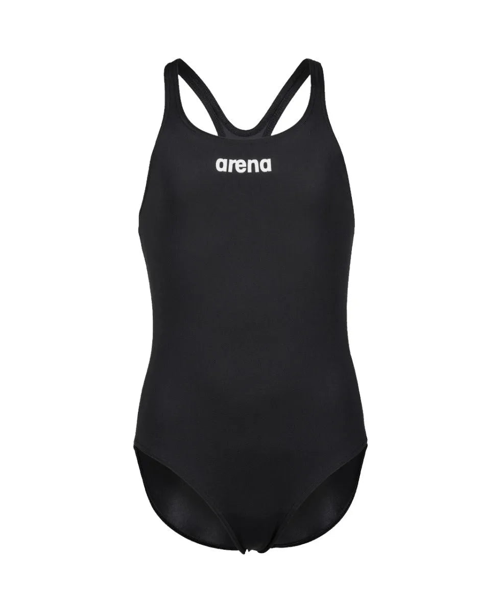 Black Arena Girls Team Swim Pro solid swimsuit showing the sleek, fitted design perfect for young swimmers.