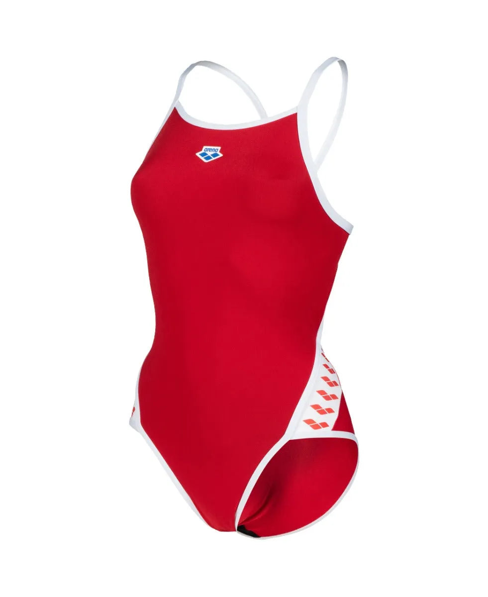 Arena Women's Icon Super Fly Back Swimsuit in red and white, featuring a sleek design and athletic fit for competitive swimming.