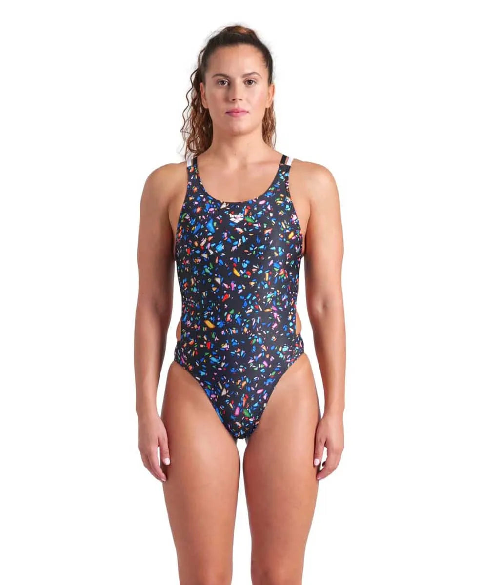 Arena women's Confetti Swim Tech multi-back swimsuit in black and multicolor, featuring a sleek design and supportive fit.