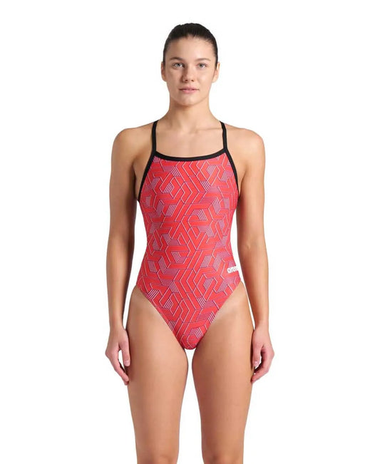Arena women's Escape Challenge back swimsuit in black and red, featuring a sleek design and supportive fit for competitive swimming. 982