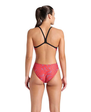 Arena Women's Escape Challenge back swimsuit in black and team red, featuring a sleek design and supportive fit for competitive swimming.