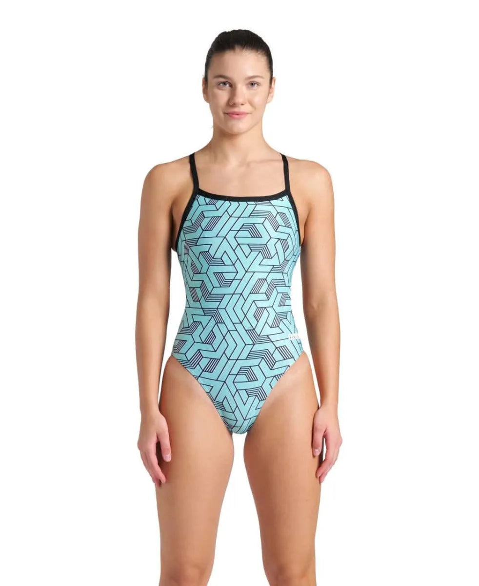 Arena women's Escape Challenge back swimsuit in black, water blue, and multi with a sleek design for swimming and water sports.