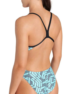 Arena women's Escape Challenge back swimsuit in black, water blue, and multi colors, designed for swim training and competition.