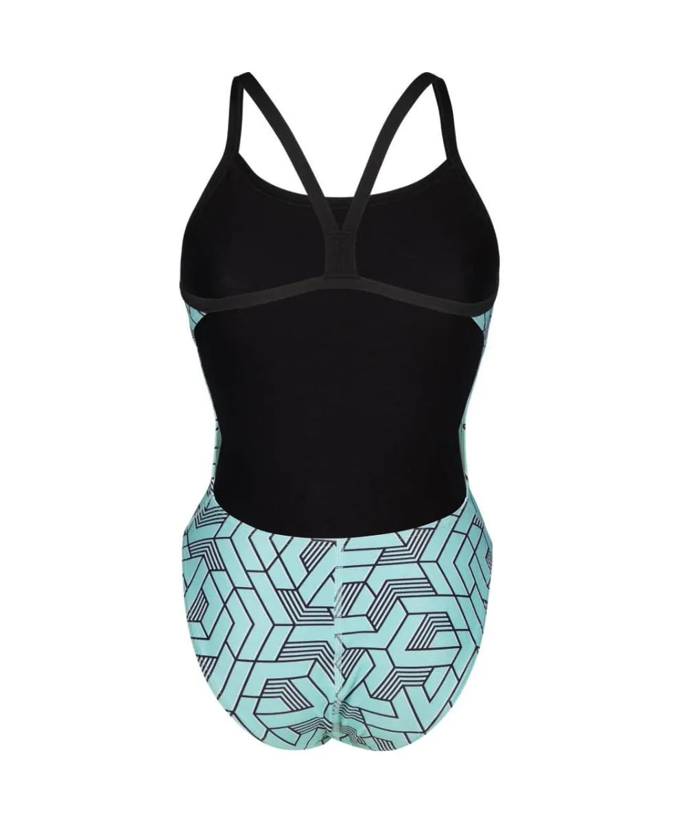 Arena women's Escape Challenge back swimsuit in black, water blue, and multi, featuring a sleek design and supportive fit.