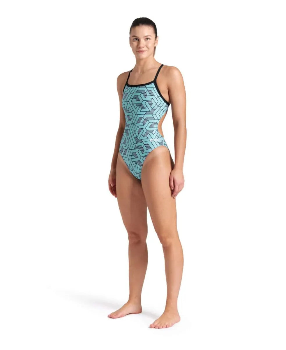 Arena women's Escape Challenge back swimsuit in black, water blue, and multi-color, featuring a sleek, supportive design for swimming.