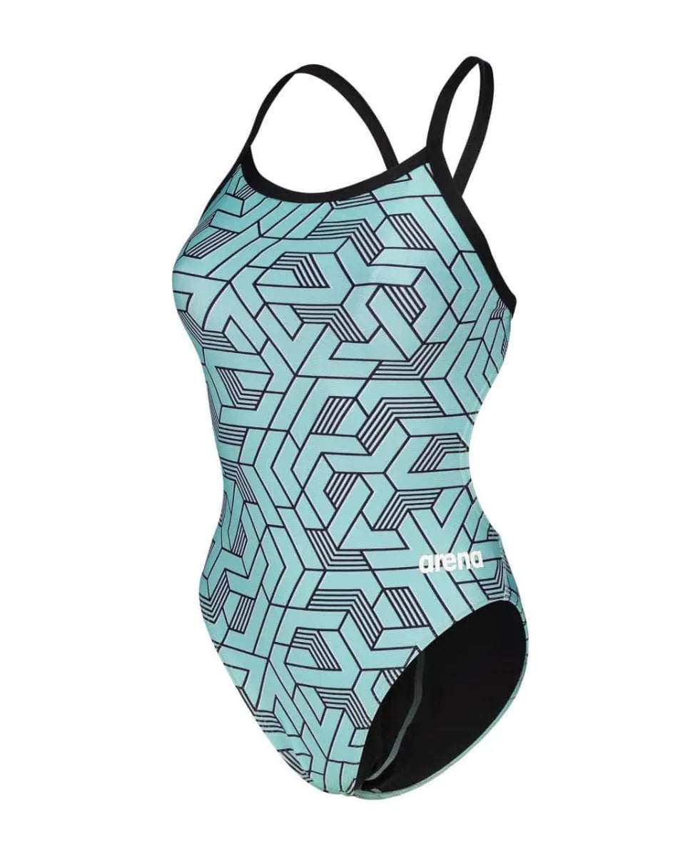 Arena Women's Escape Challenge back swimsuit in black, water blue, and multi-colored design, featuring a sporty swimsuit style.