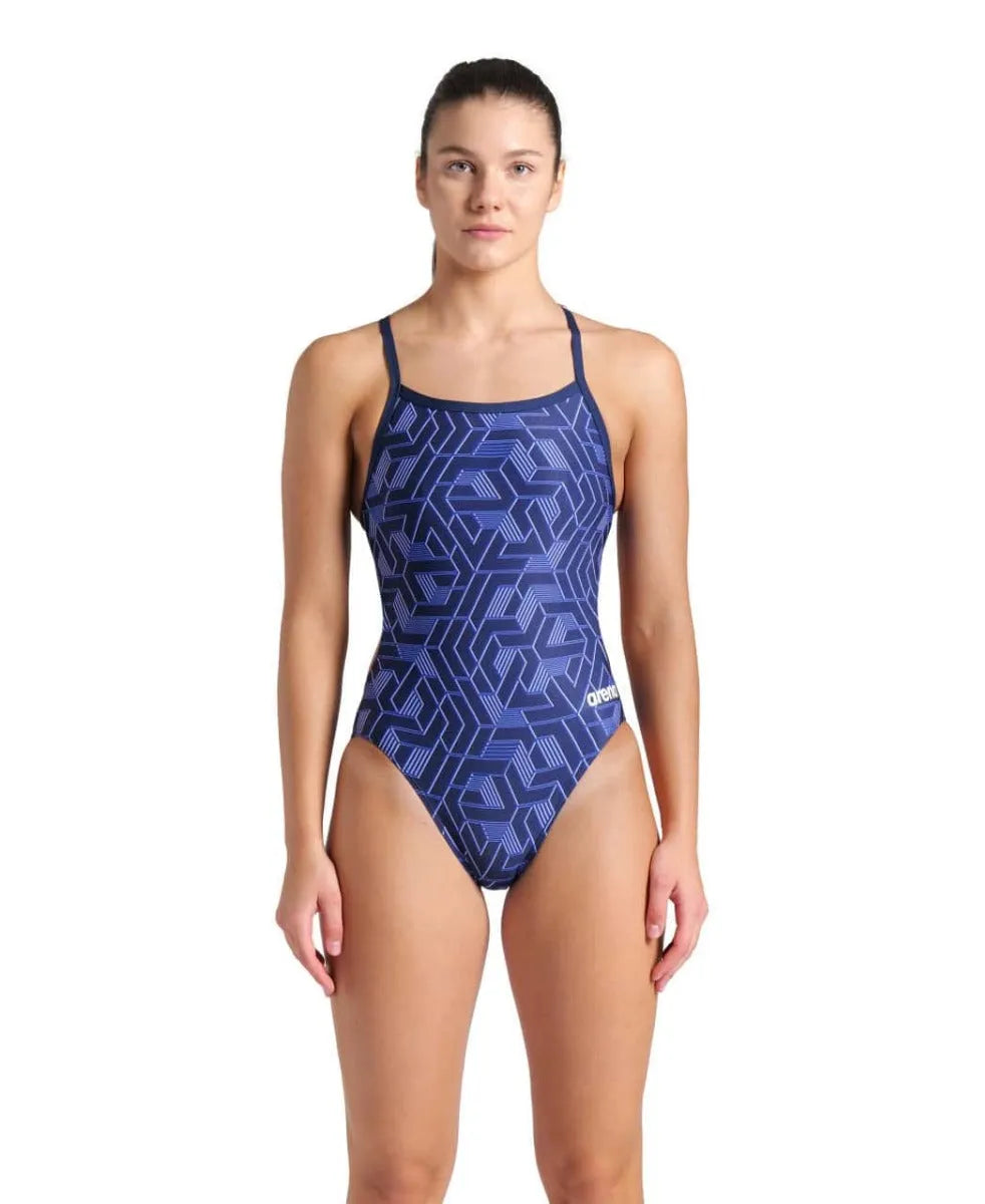 Arena Women's Escape Challenge Back Swimsuit in navy and team navy, featuring supportive straps and sleek design for swimming.