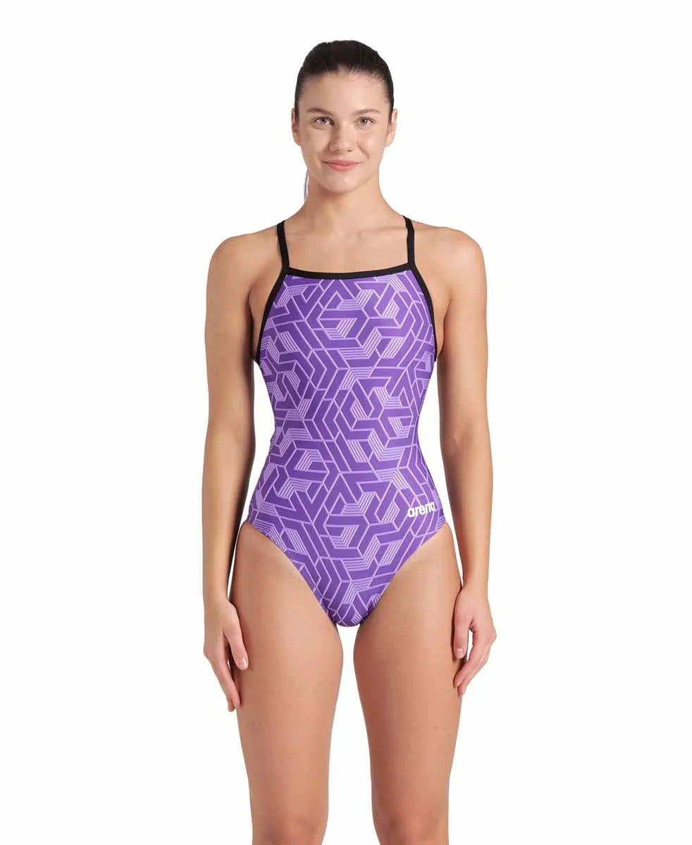 Arena Womens Escape Lightdrop Back swimsuit in black and purple with a sleek design, perfect for swimming and aquatic activities.
