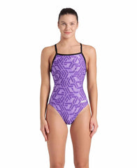 Arena Womens Escape Lightdrop Back swimsuit in black and purple with a sleek design, perfect for swimming and aquatic activities.