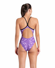 Black and purple Arena Women's Escape Lightdrop Back Swimsuit, stylish and comfortable for swimming and water activities.
