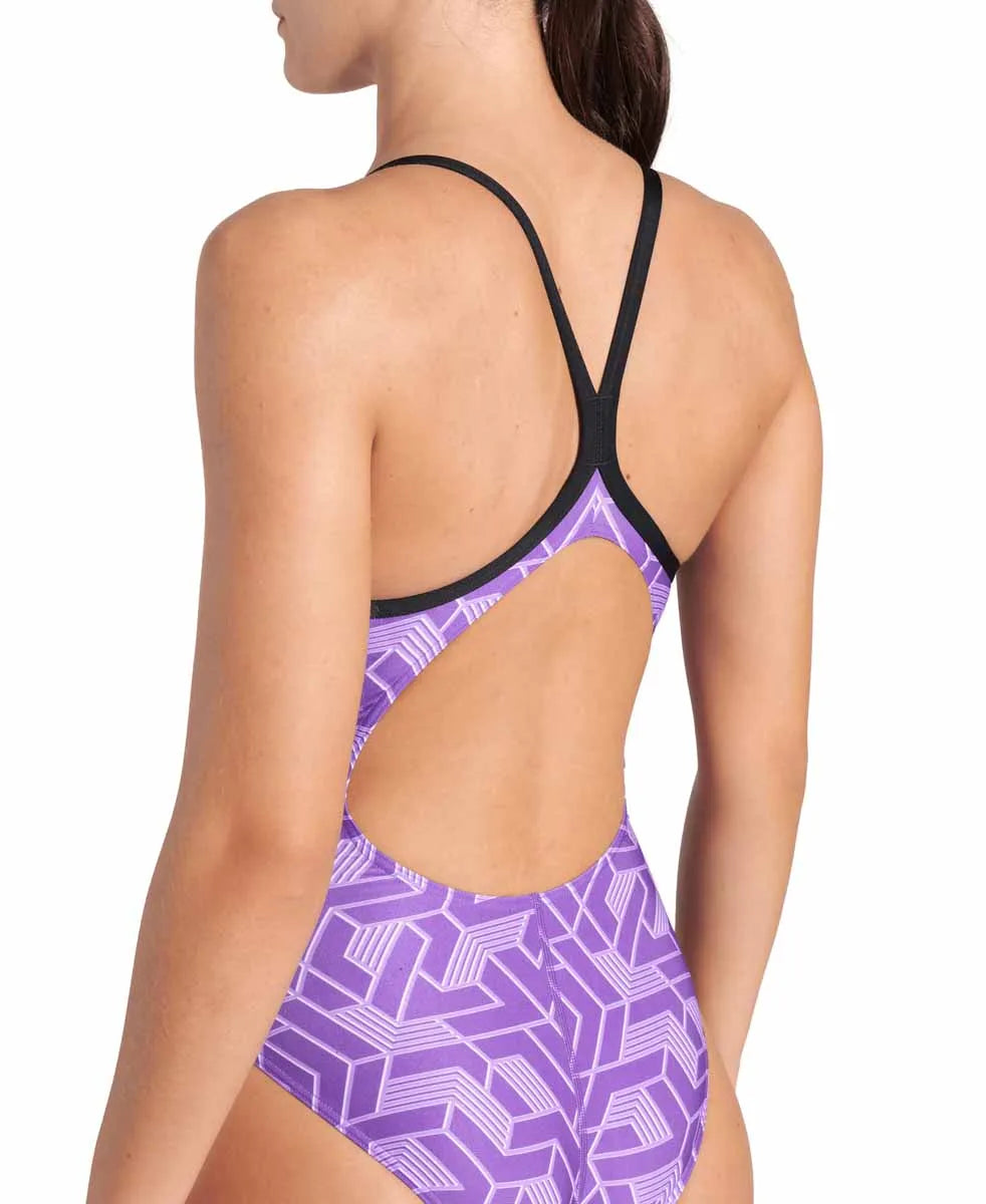 Arena Women's Escape Lightdrop Back Swimsuit in black and purple, featuring a sleek design and supportive fit for active swimming.