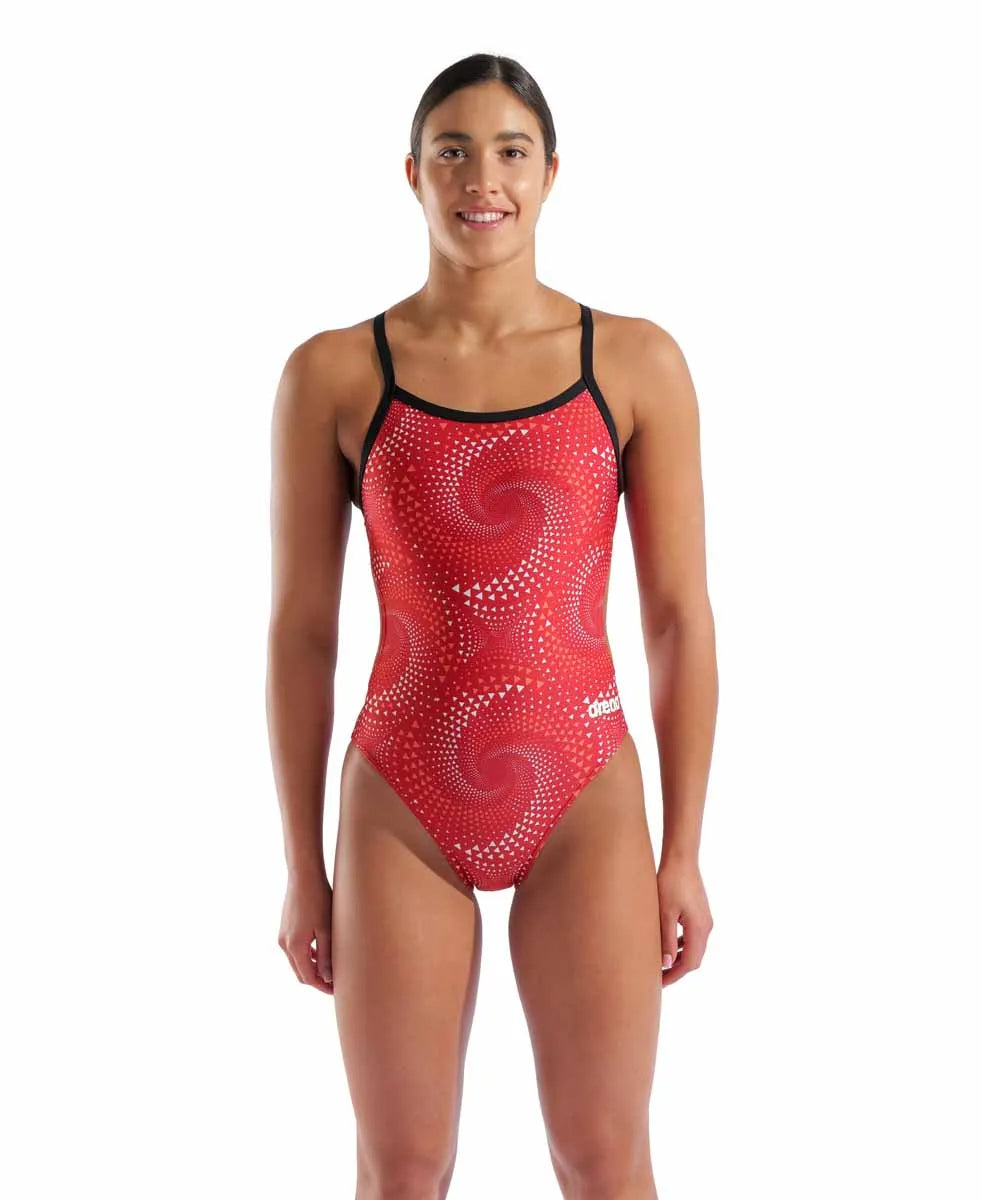 Black and red Arena women's Fireflow Challenge back swimsuit, showcasing a sleek design ideal for competitive swimming.