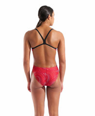 Arena women's Fireflow Challenge back swimsuit in black and team red, designed for competitive swimming with sleek straps.