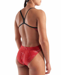 Arena Women's Fireflow Challenge Back Swimsuit in black and red, featuring a sleek design and supportive fit for competitive swimming.