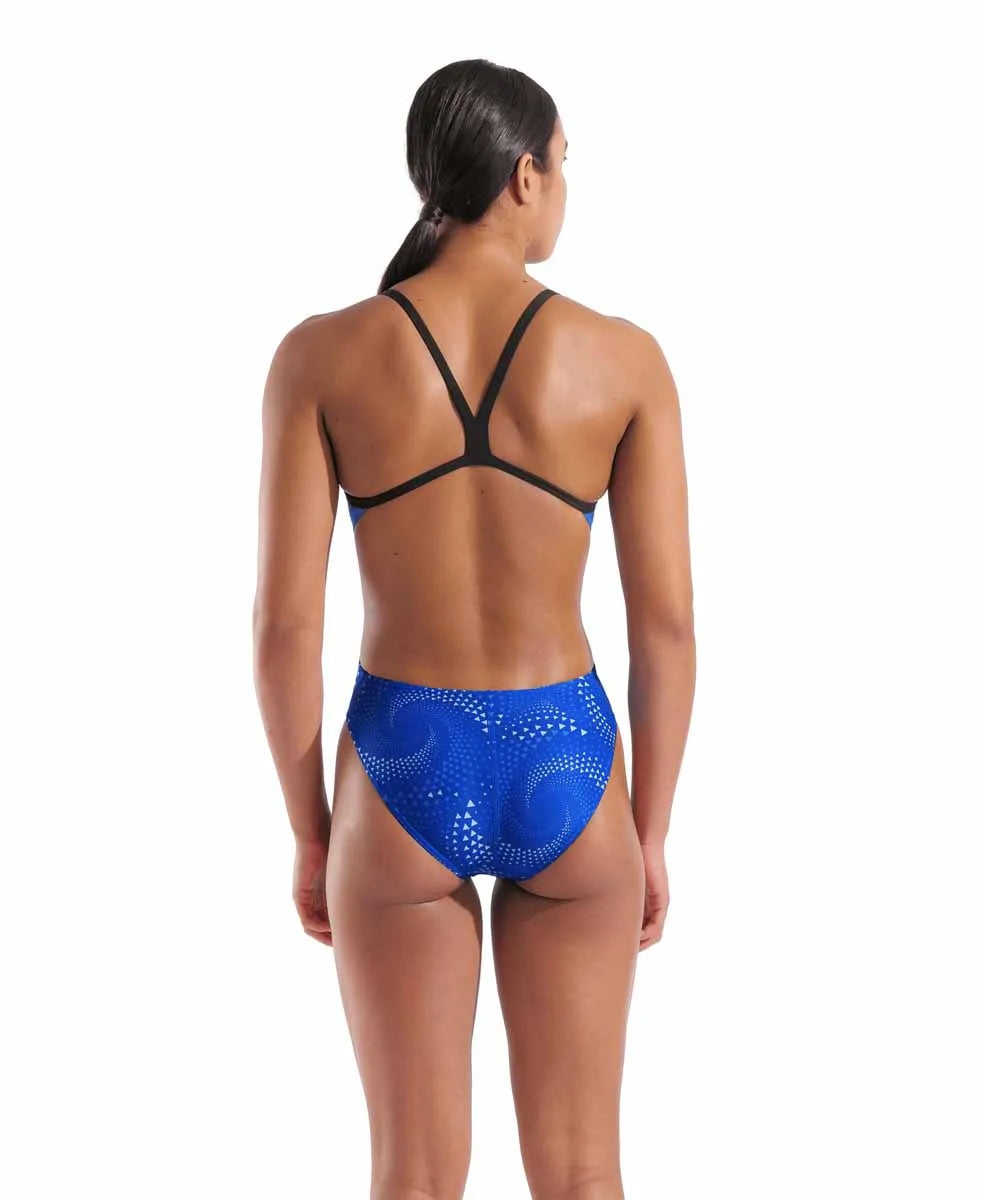Arena women's Fireflow Challenge back swimsuit in black and Team Royal, featuring a sleek design and supportive fit for competitive swimming.