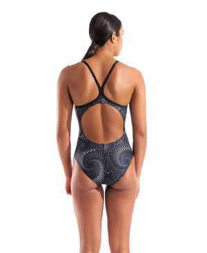Black Arena Women’s Fireflow Lightdrop Back Swimsuit featuring a sleek design and supportive straps, ideal for competitive swimming.