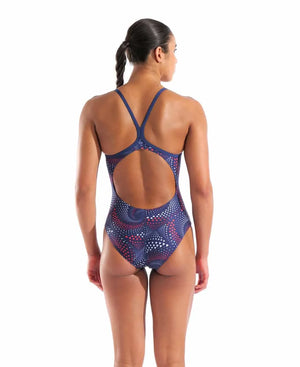 Arena Women's Fireflow Lightdrop Back Swimsuit in navy, red, white, and blue, featuring a sleek design for competitive swimming.