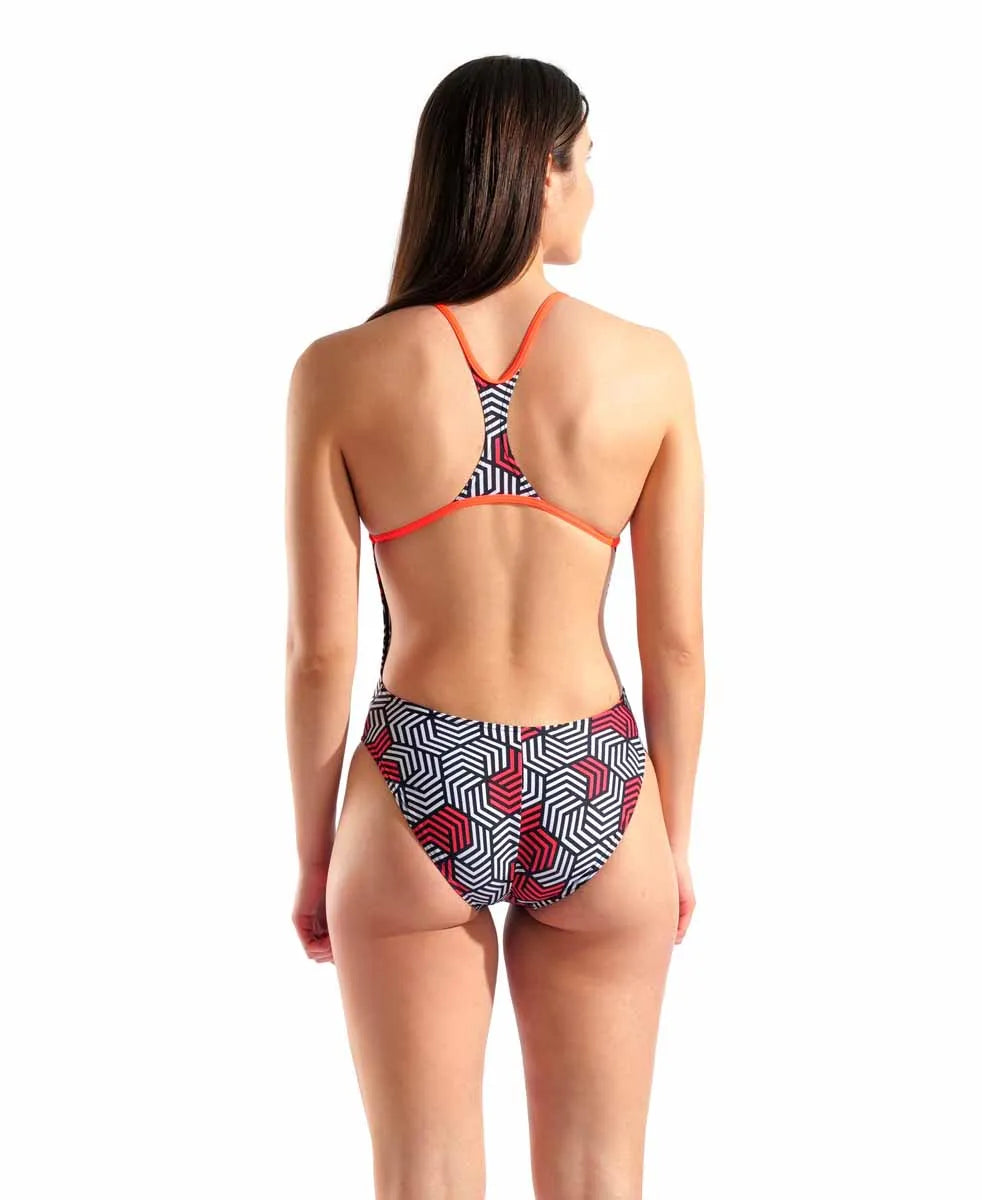 Arena women's Geometry Booster Back swimsuit in black and bright coral, featuring a sleek design and supportive fit.