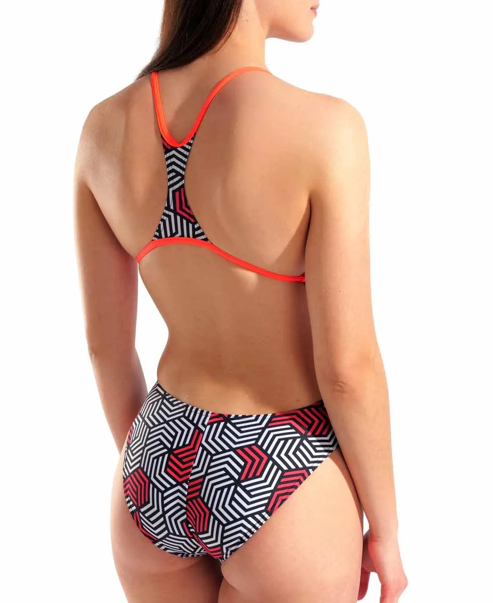 Arena women's Geometry Booster Back swimsuit in black and bright coral, featuring a supportive design and bold geometric pattern.