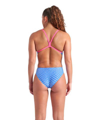 Arena women's Monogram Challenge Back swimsuit in blue river multi and shocking pink, featuring a sporty design and supportive fit.