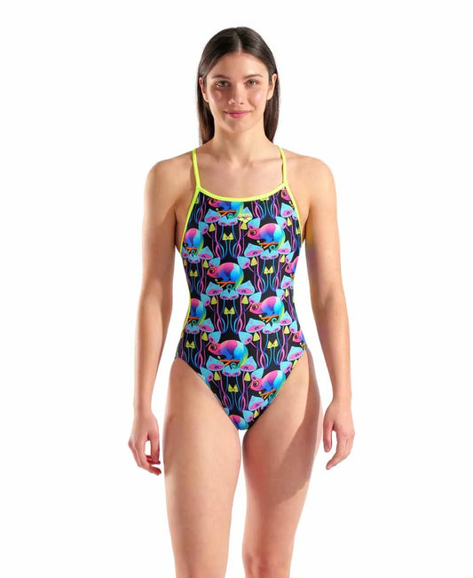 Arena women's multi Chameleons lace-back swimsuit in black, multi-color with Arctic Lime accents, designed for competitive swimming. 982