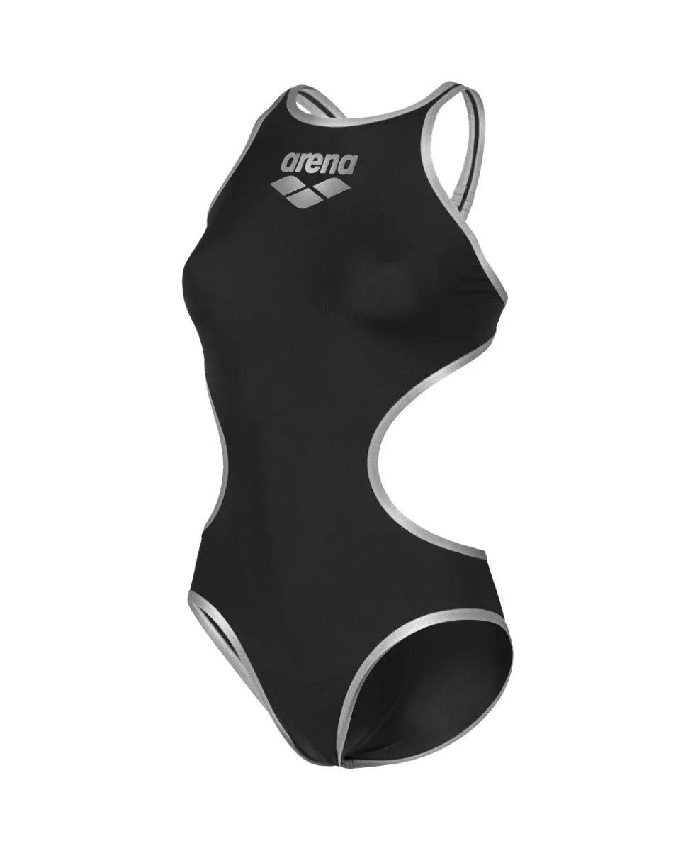 One Biglogo Open Back Swimsuit Black Silver