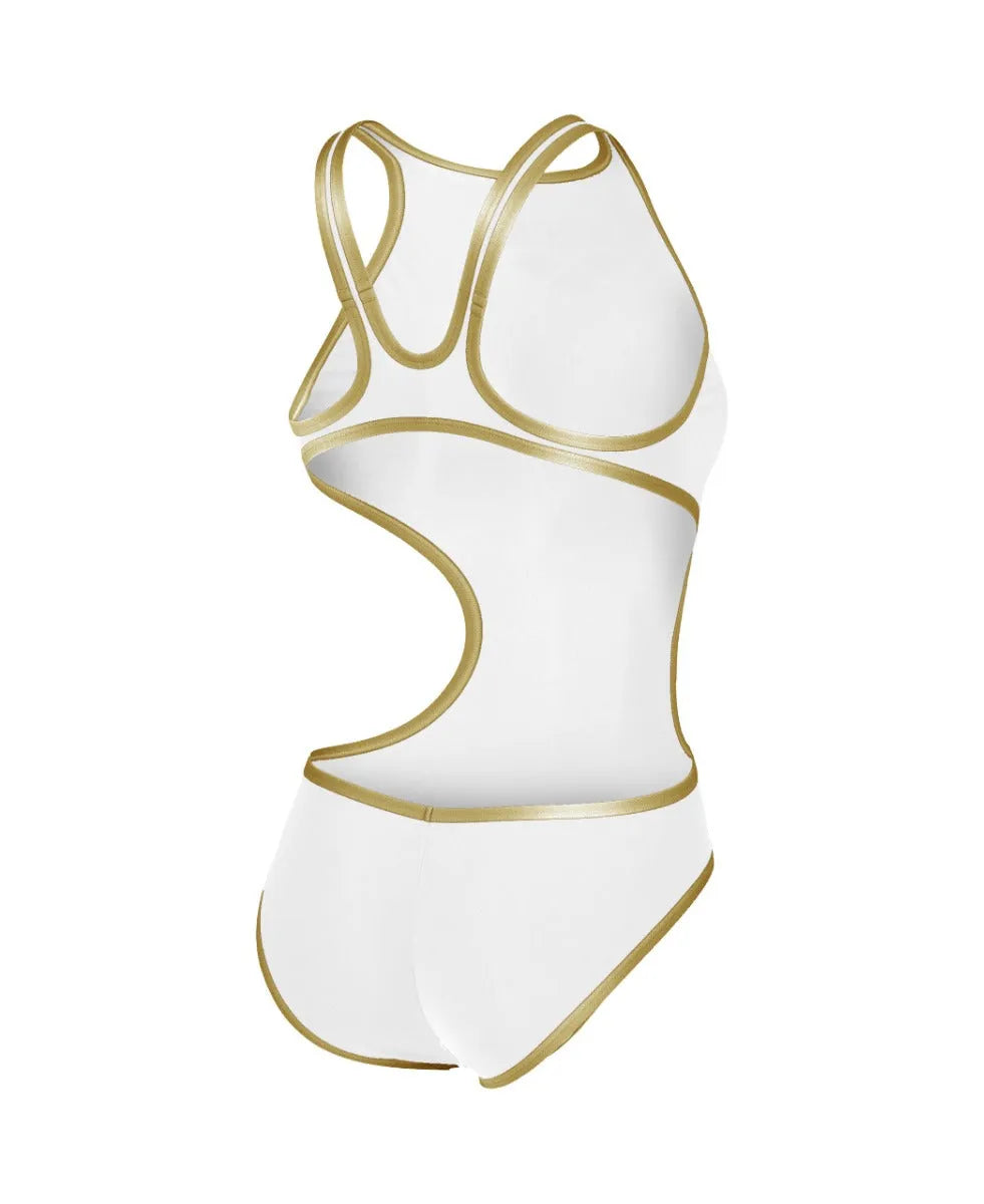 Arena women's One Biglogo swimsuit in white and gold, featuring a sleek design and logo detail, perfect for swimming.