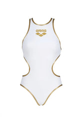 Arena women's One Biglogo swimsuit in white and gold, featuring a sleek design and bold logo on a stylish swimwear piece.
