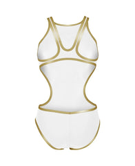 Arena women's One Biglogo swimsuit in white and gold, featuring a sleek design and prominent logo, ideal for swimming and training.