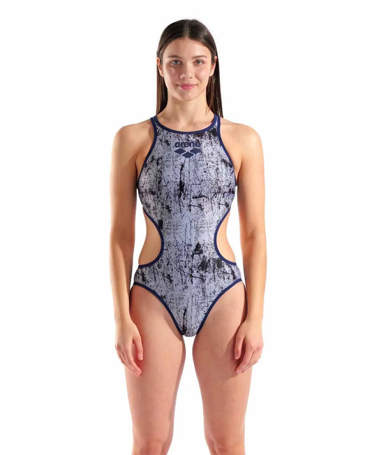 Arena Women's One Lacquer One-Piece Swimsuit in white and navy, featuring a sleek design and athletic fit for swimming and beachwear. 982