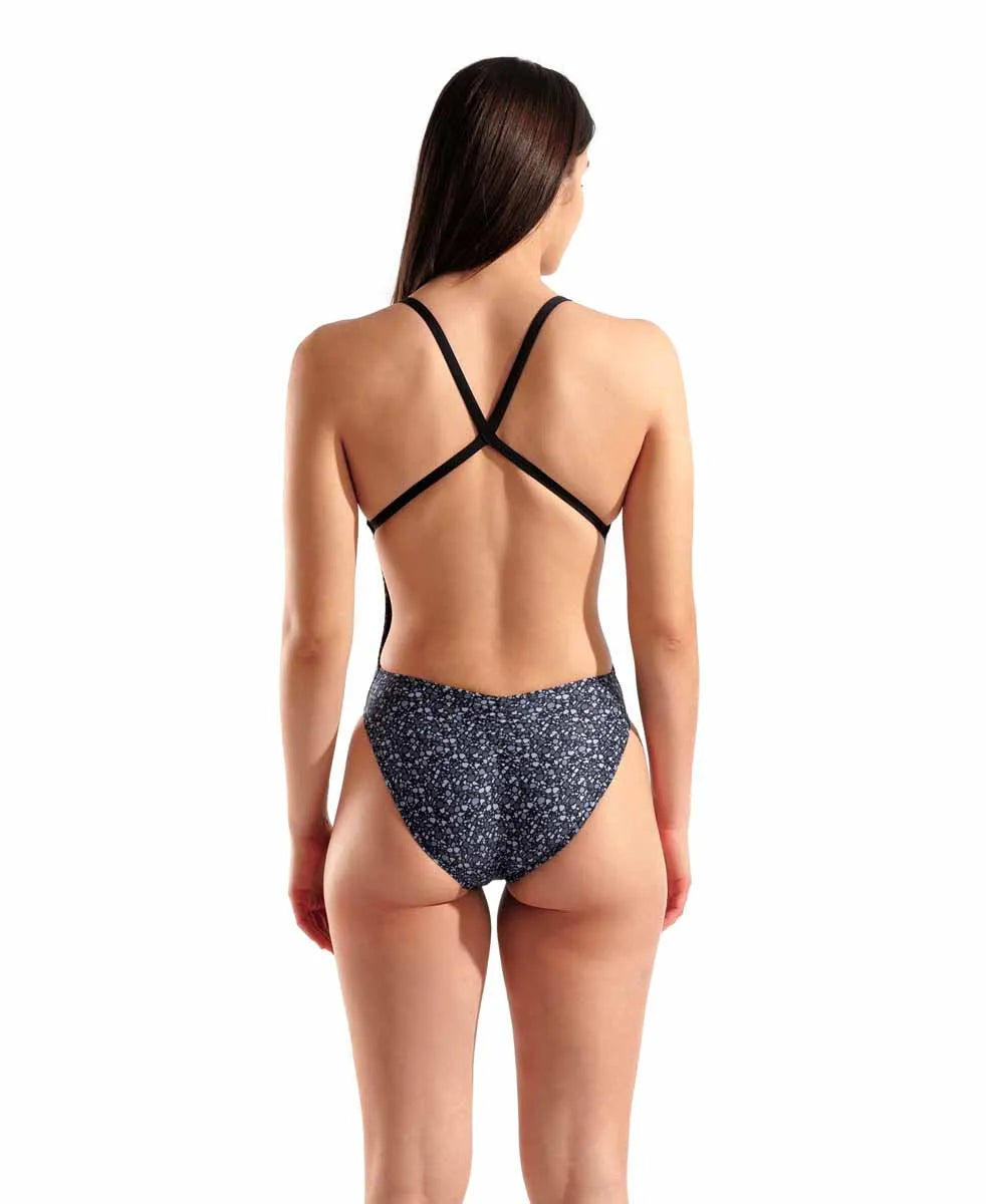 Arena women's Pebbles X criss-cross back swimsuit in black and multi color, featuring a stylish design and supportive fit.