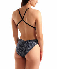 Arena Women's Pebbles X Criss Cross Back Swimsuit in multi black, featuring stylish criss cross straps and a sleek swimwear design.