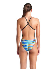 Arena women's racing stripe X criss-cross back swimsuit in black and multicolor, featuring a sleek, athletic design for swimming.
