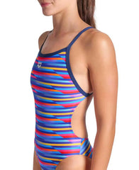Arena women's racing stripe X criss-cross back swimsuit in navy multi, featuring bold pattern and supportive fit.